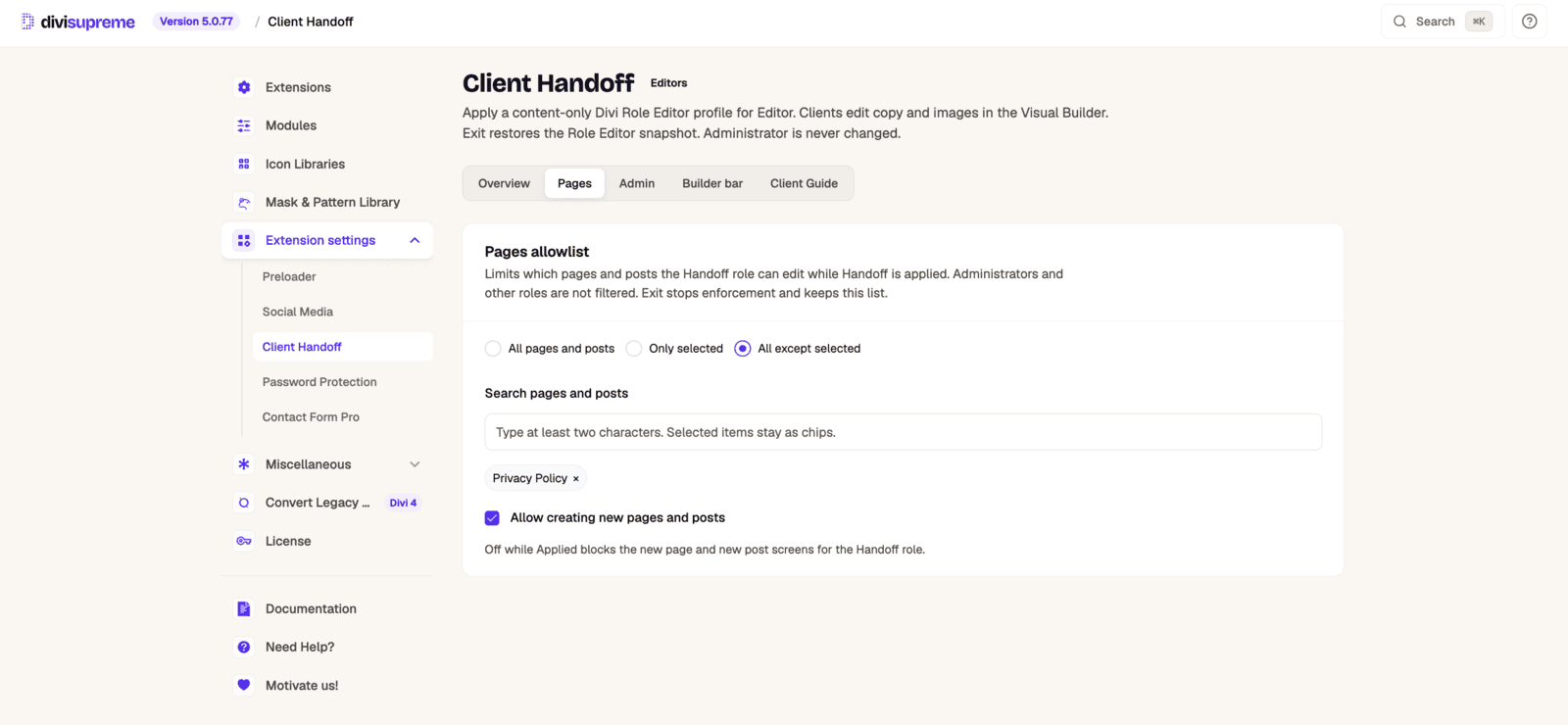 Pages allowlist settings limiting which pages the Handoff role can edit