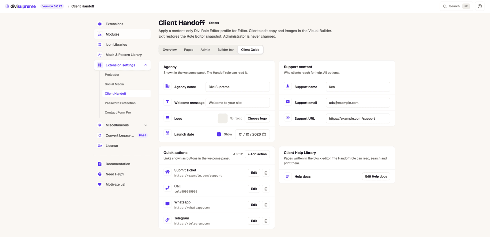 Client Guide settings tab for agency name, support contact and quick actions