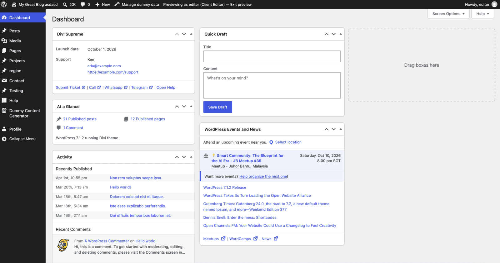 Welcome dashboard widget on the WordPress dashboard with support contact and quick action links