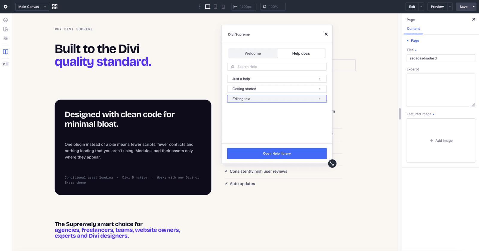 Help docs tab of the same builder modal listing help articles
