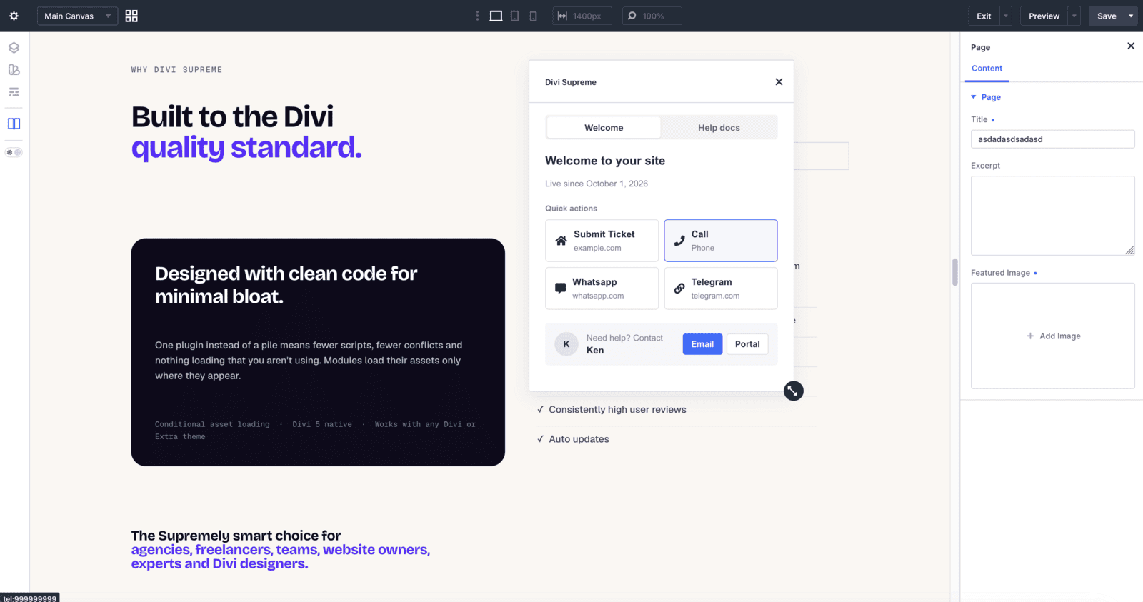 Welcome modal open inside the Visual Builder showing quick action buttons