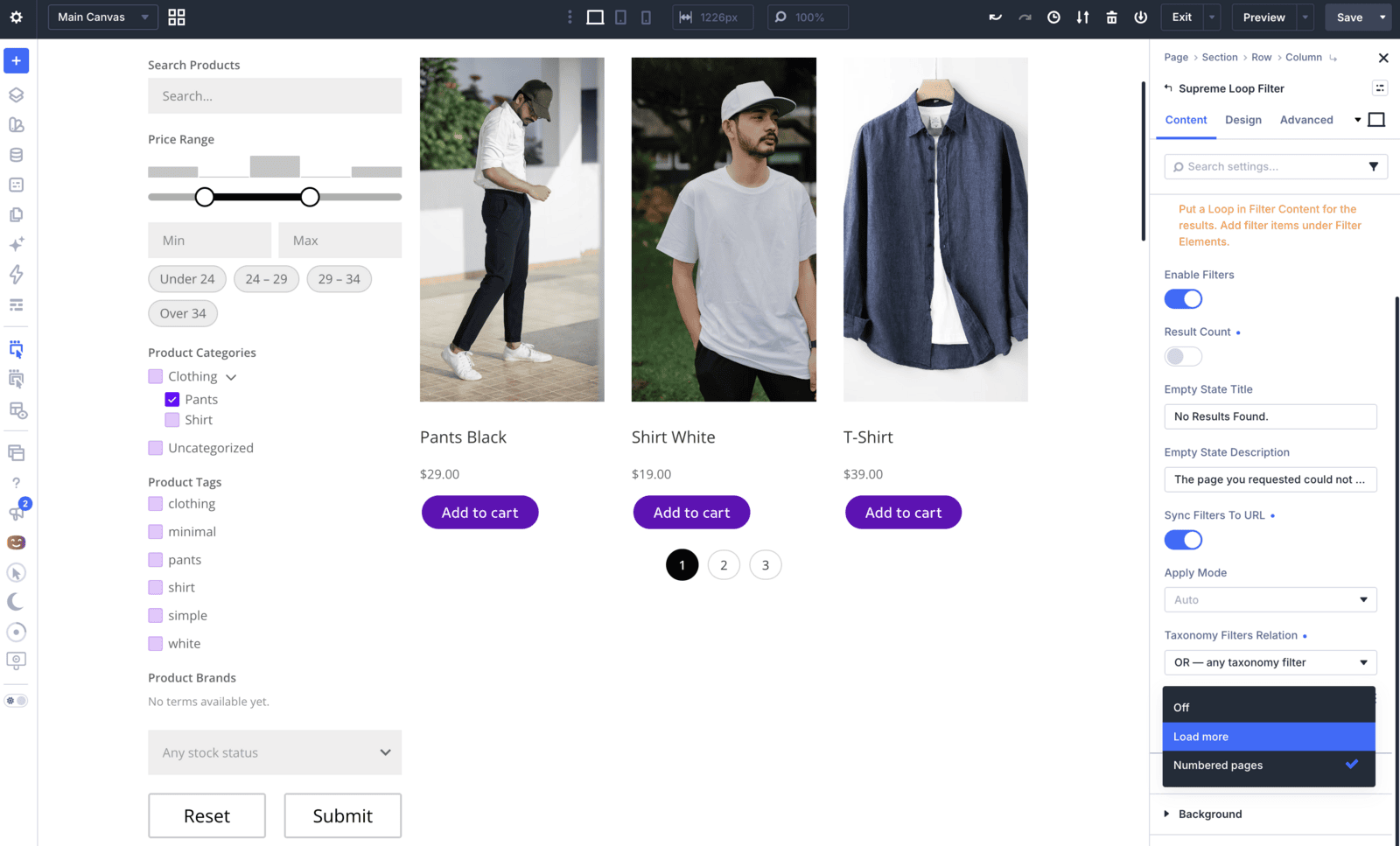 Loop Filter Settings panel with AJAX Pagination dropdown open showing Off, Load more and Numbered pages