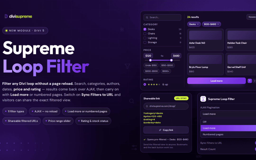 Supreme Loop Filter for Divi. WooCommerce price and rating filters, AJAX load more pagination, and a shareable filtered URL with Sync Filters to URL on