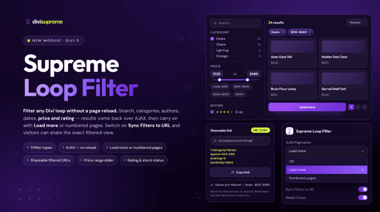 Supreme Loop Filter for Divi. WooCommerce price and rating filters, AJAX load more pagination, and a shareable filtered URL with Sync Filters to URL on