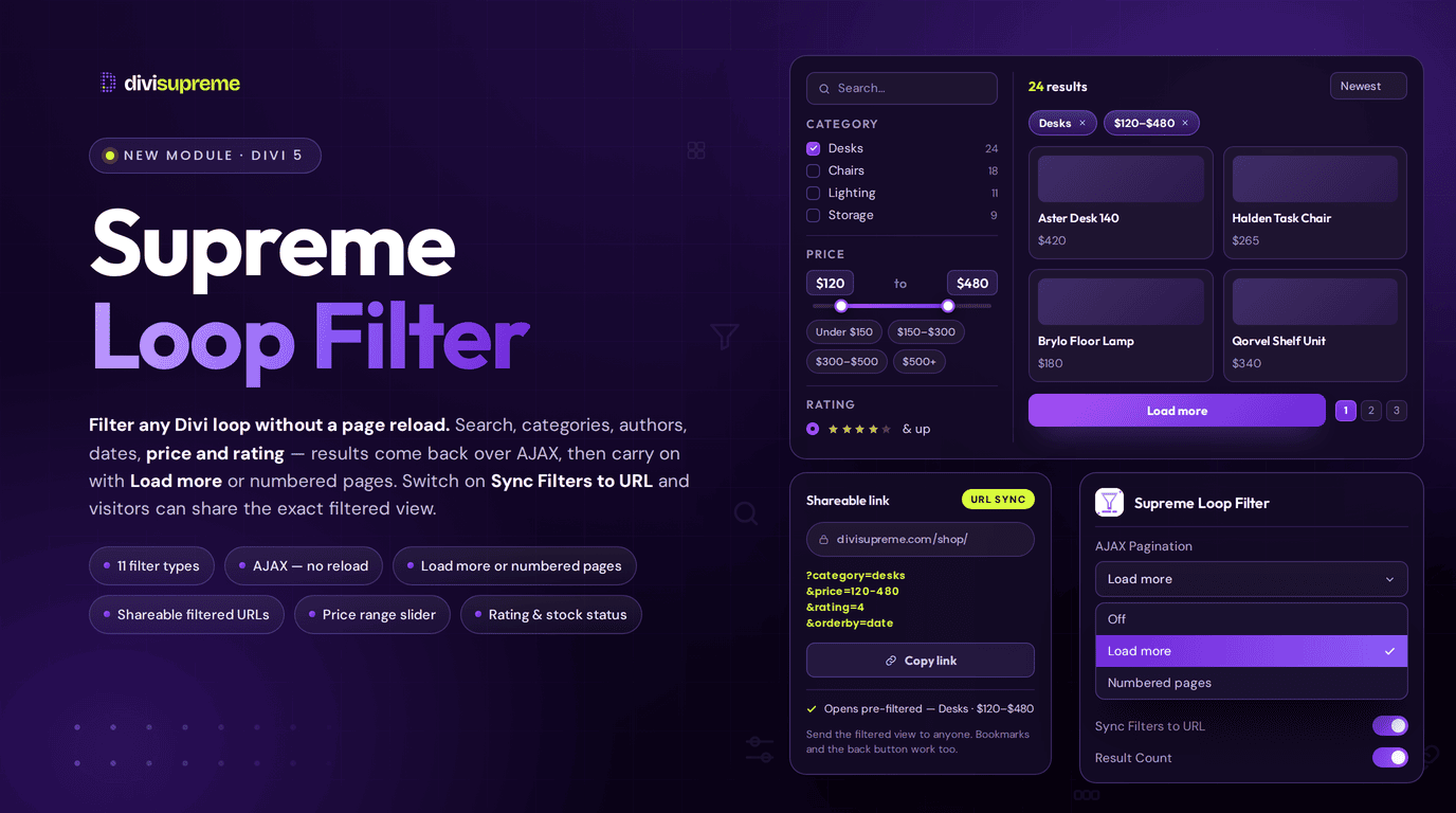 Supreme Loop Filter for Divi. WooCommerce price and rating filters, AJAX load more pagination, and a shareable filtered URL with Sync Filters to URL on