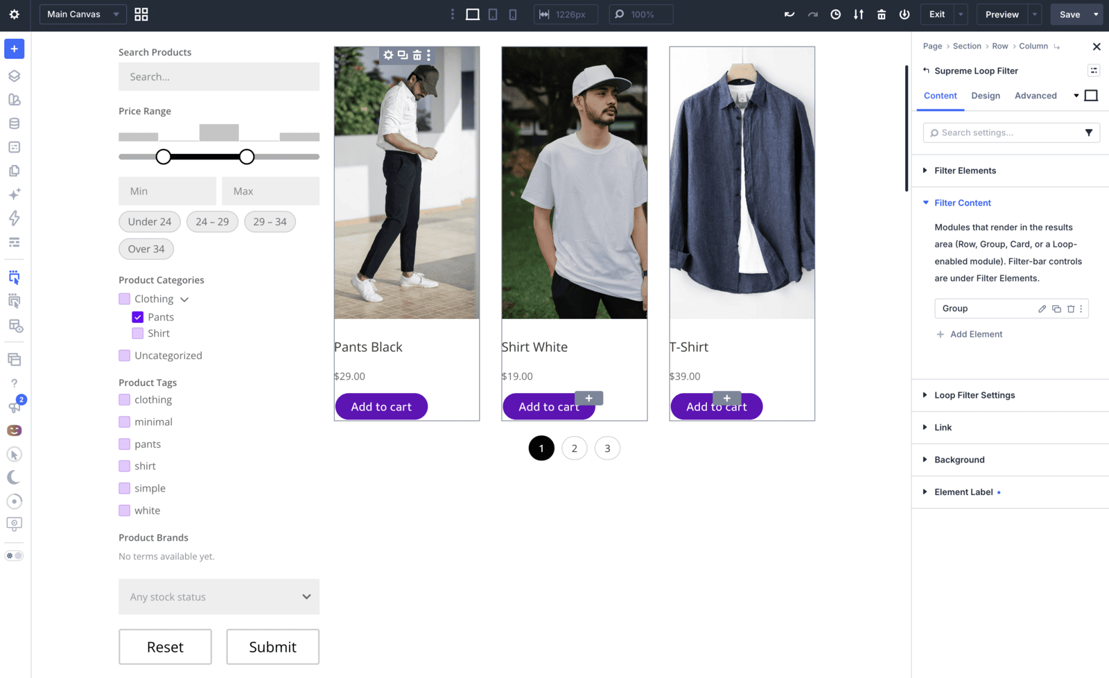 Supreme Loop Filter module open in the Divi Visual Builder showing Filter Content with a nested Loop and Filter Elements