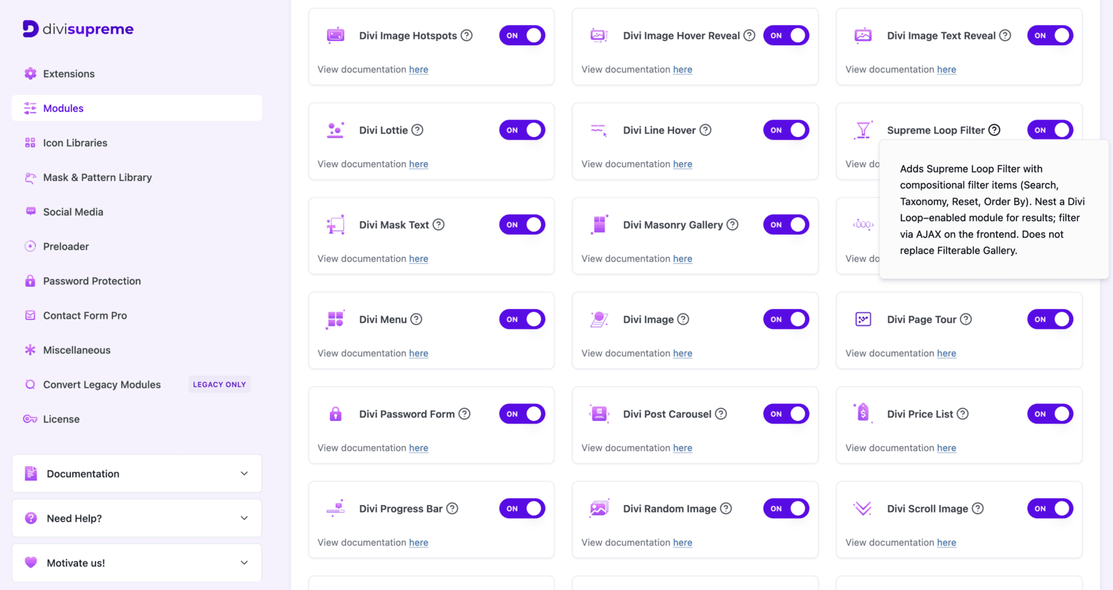 Divi Supreme Modules settings page with Supreme Loop Filter switched on and its description tooltip showing
