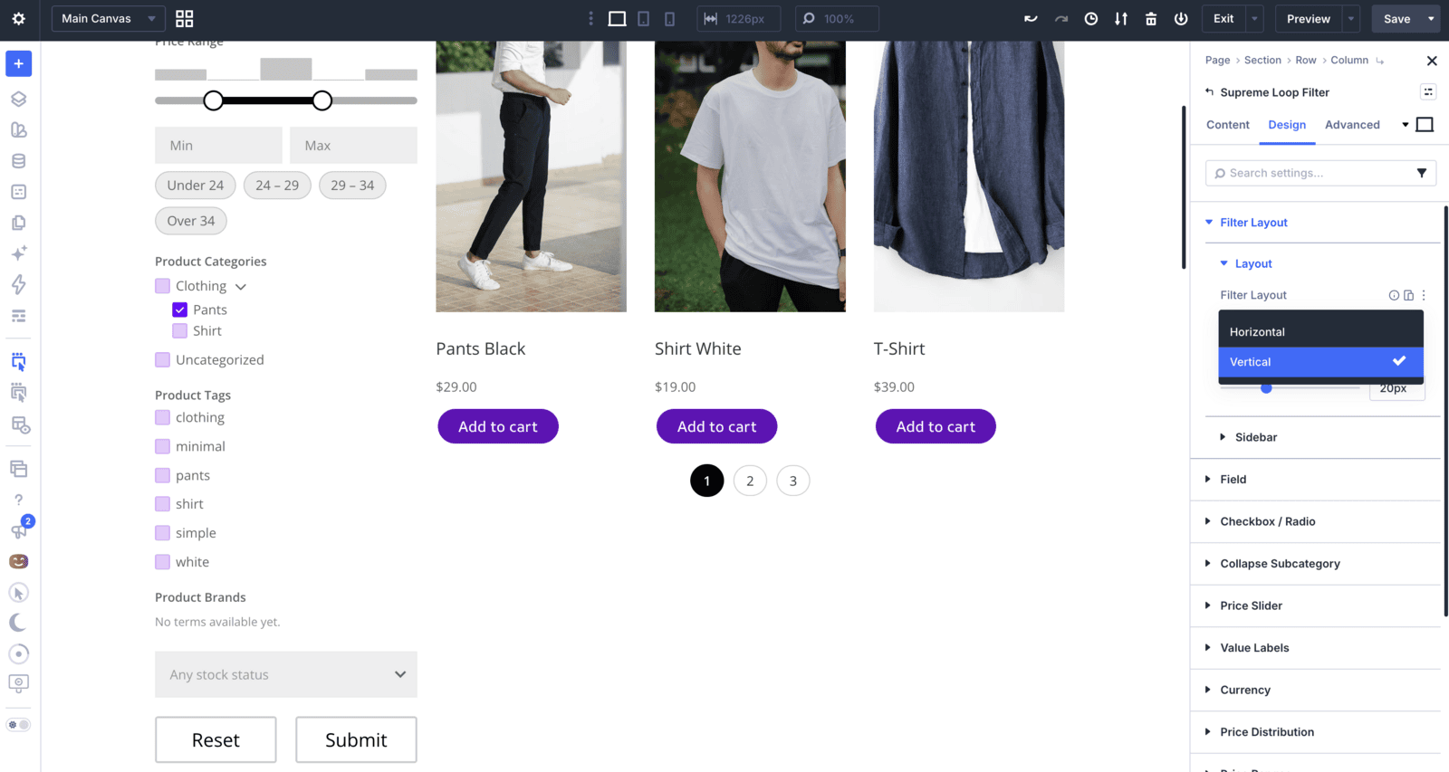 Supreme Loop Filter set to a vertical sidebar layout beside a live product results grid