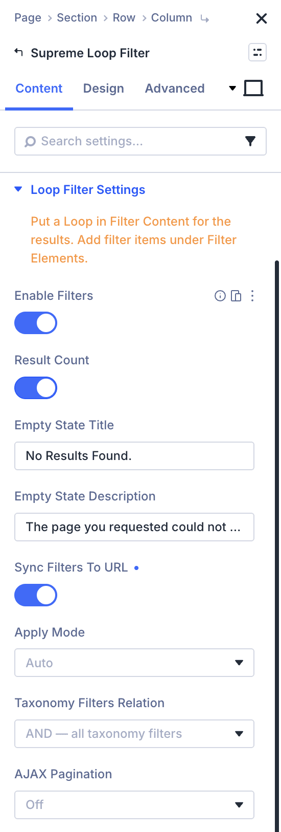 Loop Filter Settings panel showing Enable Filters, Result Count, Empty State Title and Description, Sync Filters to URL, Apply Mode and Taxonomy Filters Relation