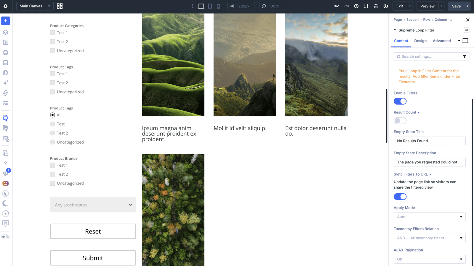 Sync Filters to URL toggle switched on in Divi Supreme Loop Filter Settings, with the description Update the page link so visitors can share the filtered view