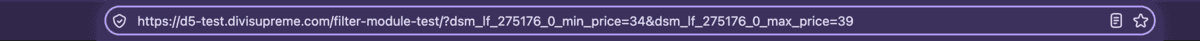 Browser address bar showing a Divi page URL with min price and max price query parameters added by Sync Filters to URL