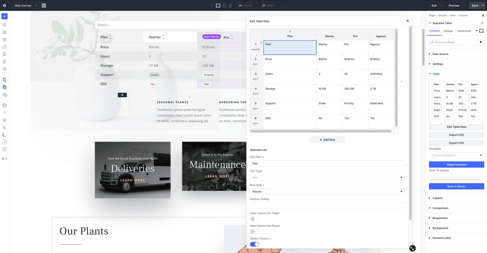 Supreme Table Edit Table Data panel in the Divi Visual Builder with cell text, cell type, and row role