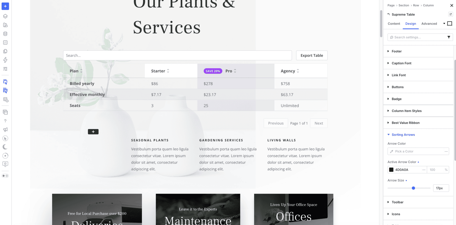 Supreme Table with a visitor search box, Export Table button, sortable columns, and a best value ribbon
