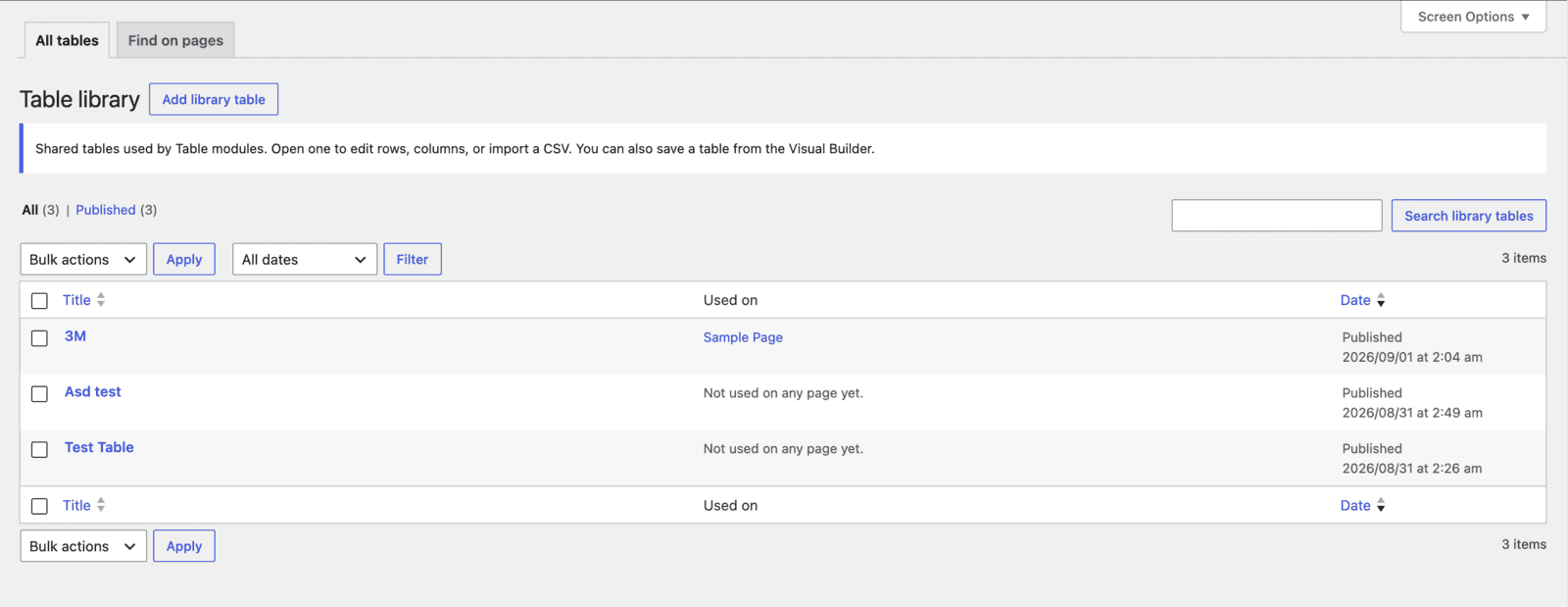 Supreme Table library list in the WordPress dashboard with a Used on column showing where each table appears