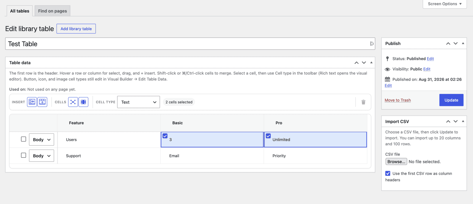 Editing a saved Supreme Table in the WordPress dashboard with the cell type toolbar and CSV import panel