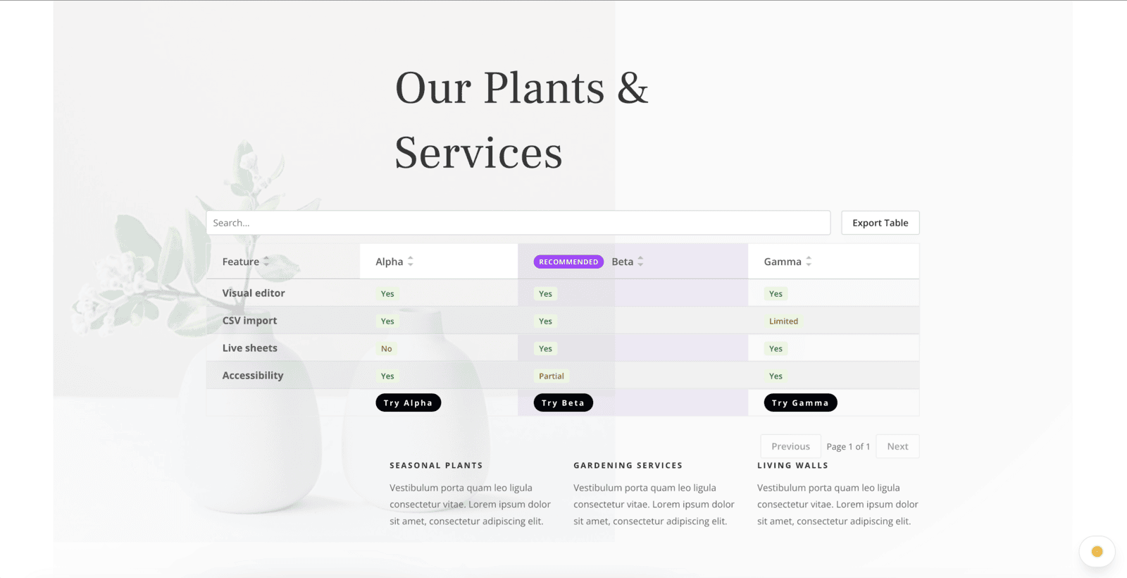 Supreme Table comparison table on a live Divi page with a recommended column, badges, and buttons