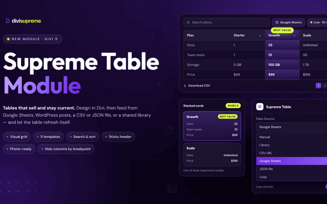 Supreme Table module for Divi 5 with a pricing table fed from Google Sheets
