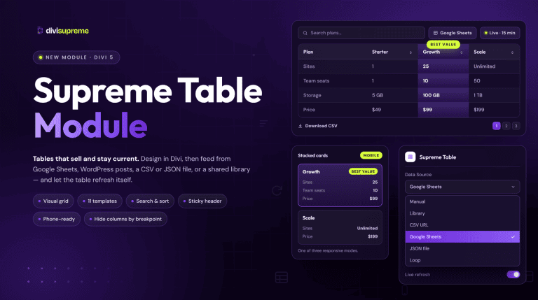 Supreme Table module for Divi 5 with a pricing table fed from Google Sheets
