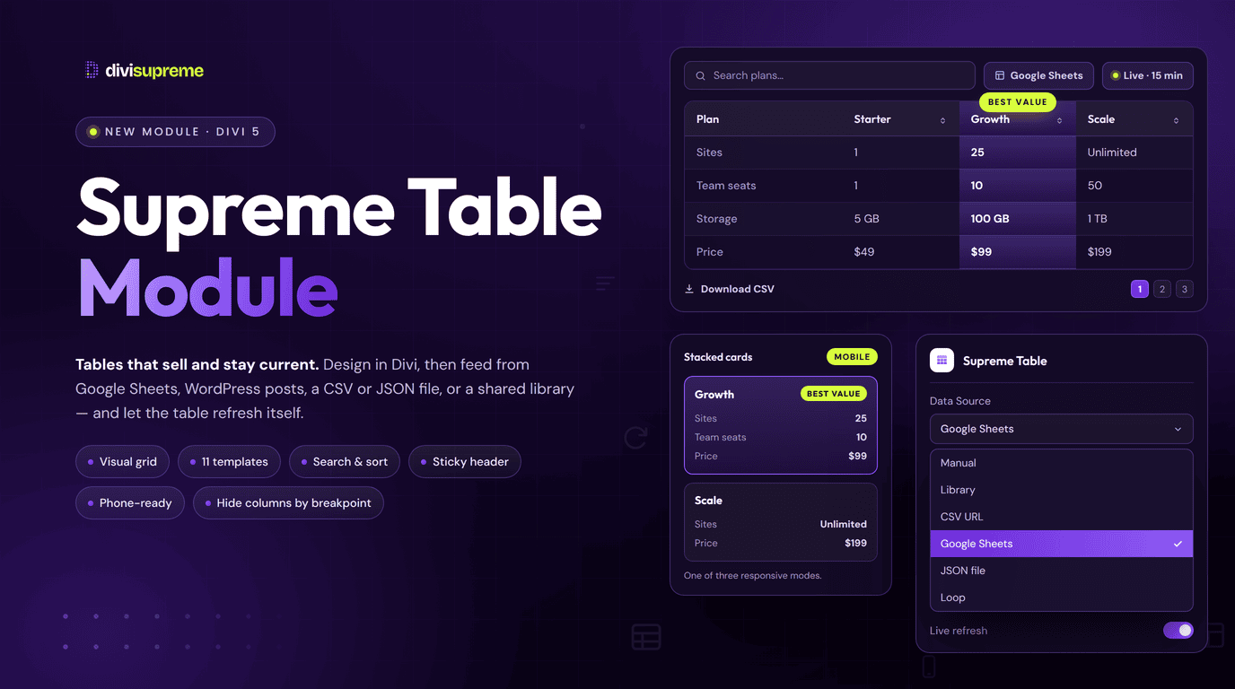 Supreme Table module for Divi 5 with a pricing table fed from Google Sheets