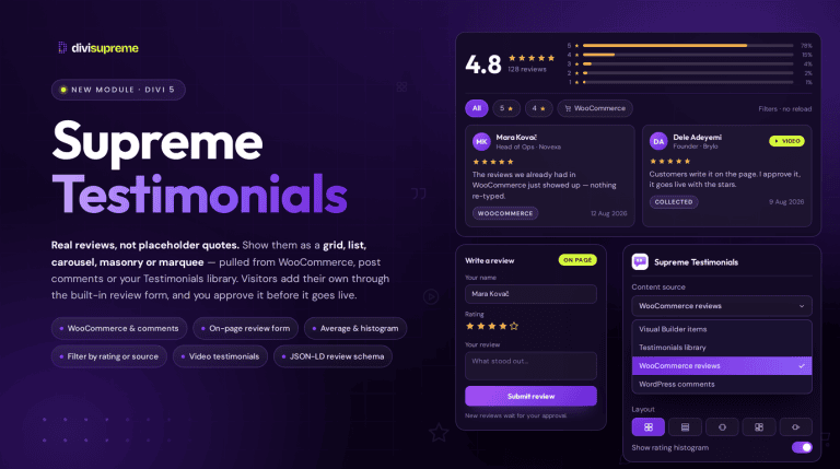Supreme Testimonials module for Divi, showing a review wall with average score, an on page review form, and the content source dropdown
