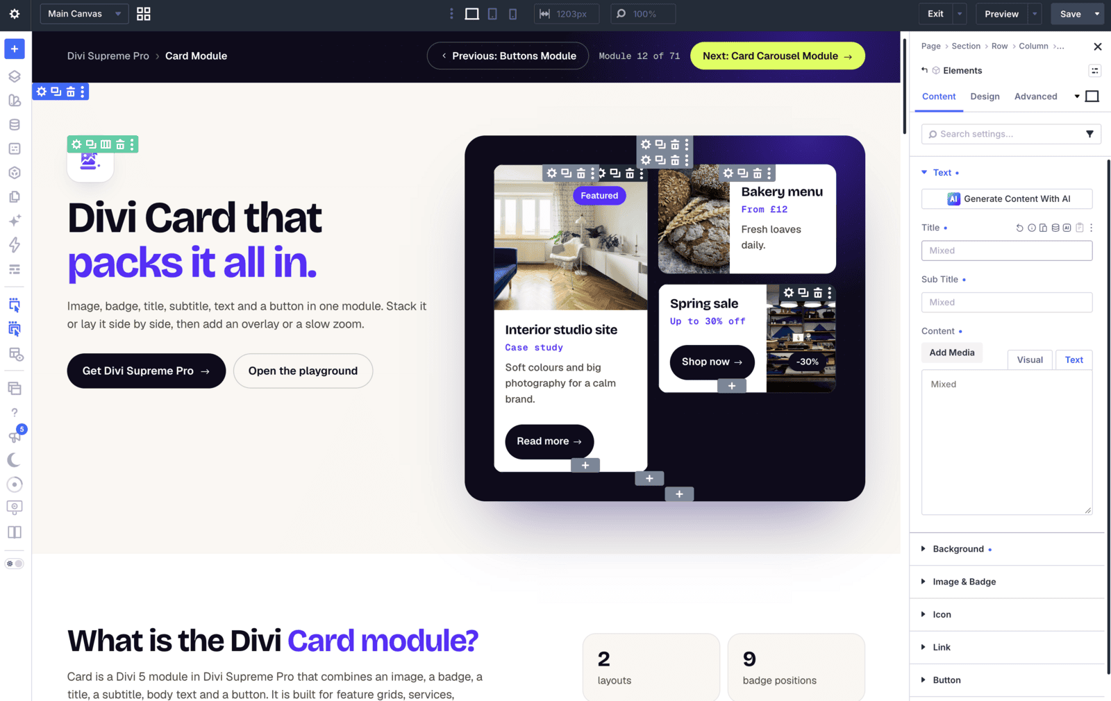 Divi Supreme Pro Card settings showing Mixed in the Title, Sub Title and Content fields
