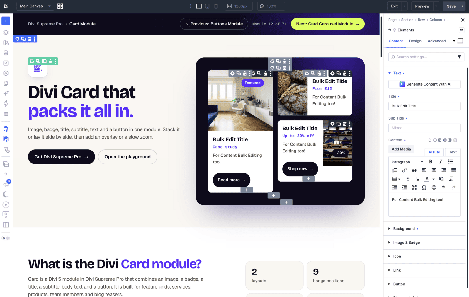 Divi 5 Visual Builder with several Divi Supreme Pro Card modules selected and the shared settings panel open