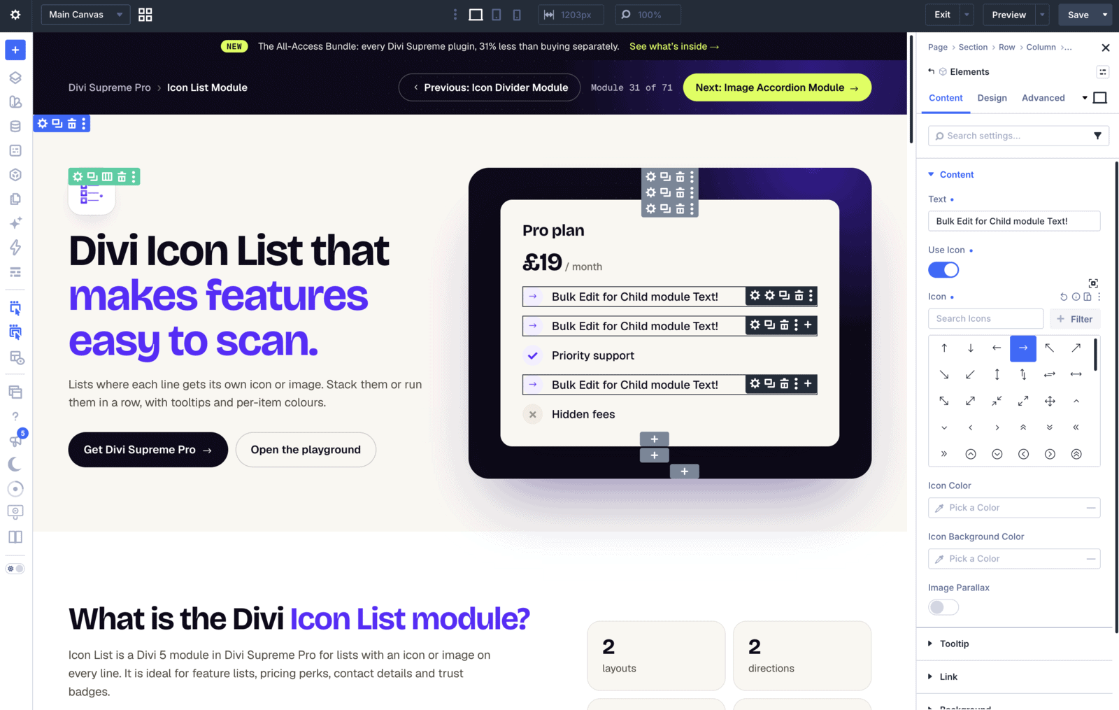 Divi 5 Visual Builder with several Icon List Item children selected and the shared Text and Icon settings open