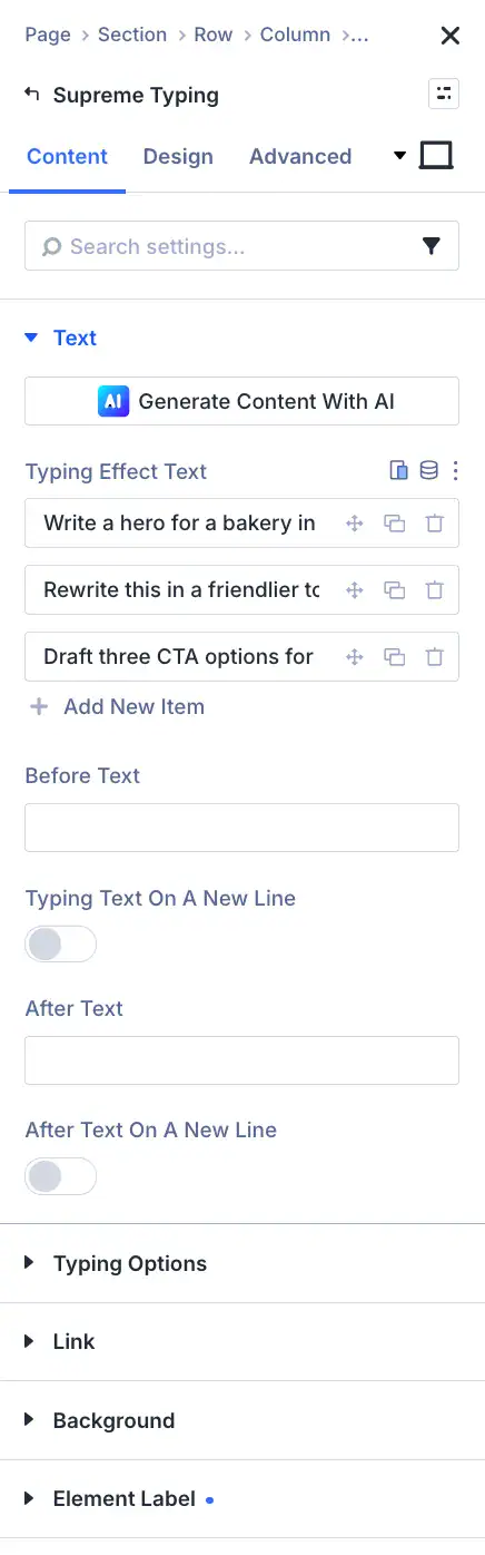 Supreme Typing Effect settings panel with the typed phrases list