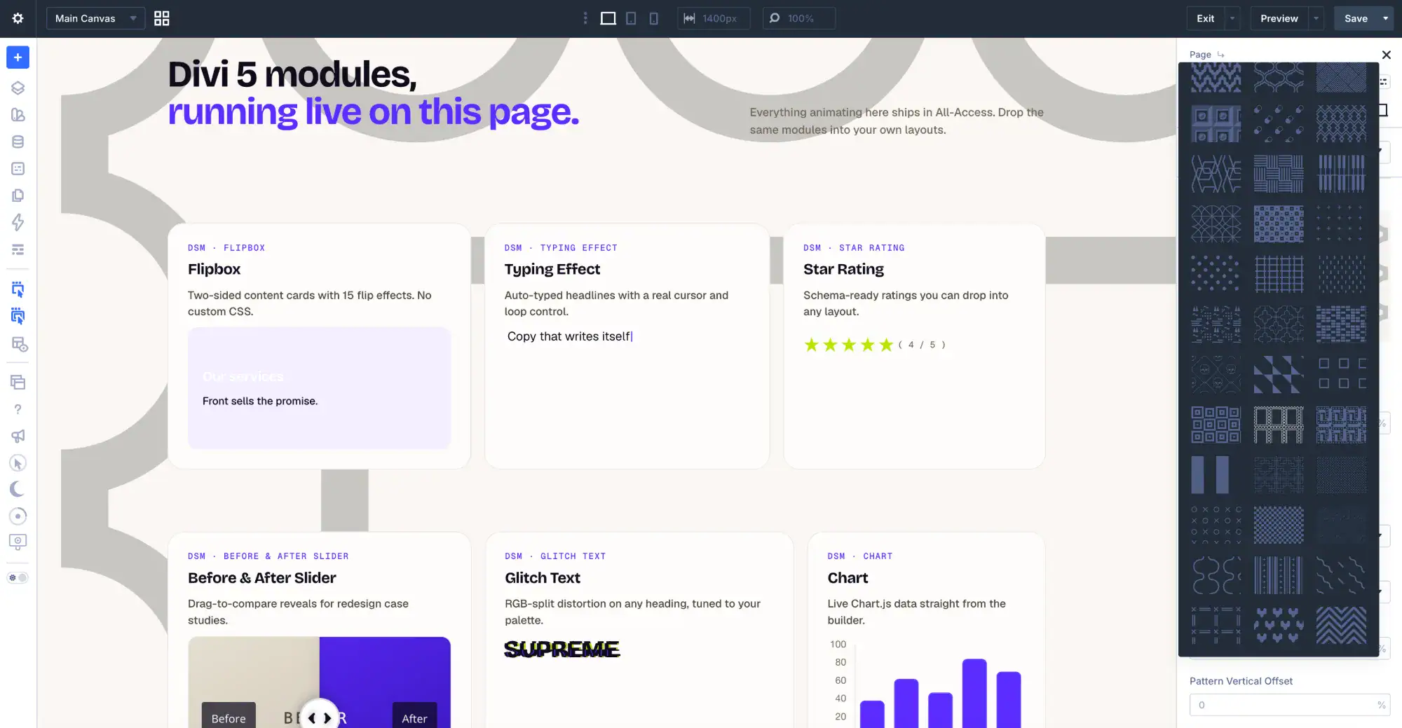 This page being edited in the Divi 5 builder with the Mask and Pattern picker open