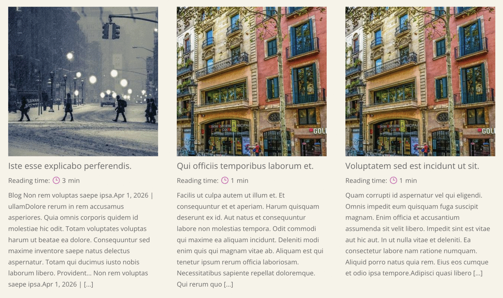 Three blog cards each showing their own reading time with a clock icon under the post title