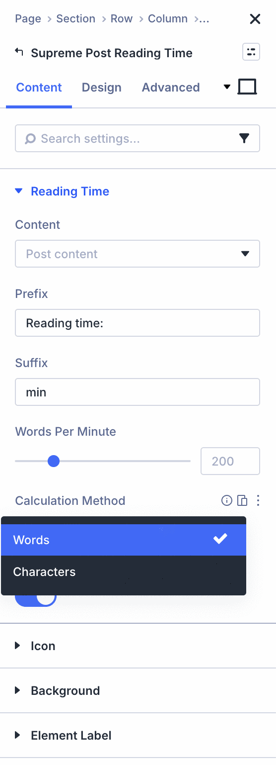 Supreme Post Reading Time Content tab showing the Content source, Prefix, Suffix, Words Per Minute and Calculation Method options