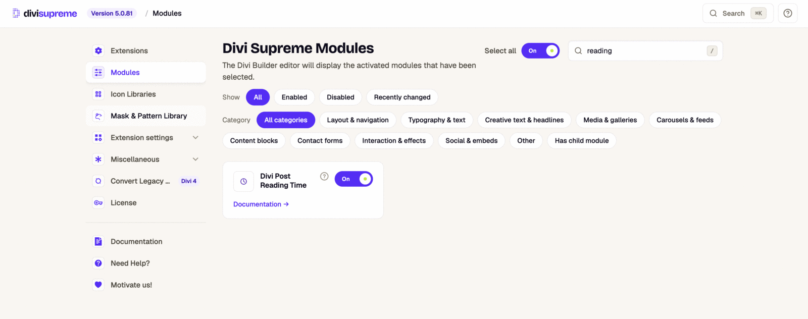 Divi Supreme Modules screen with the Divi Post Reading Time module switched on