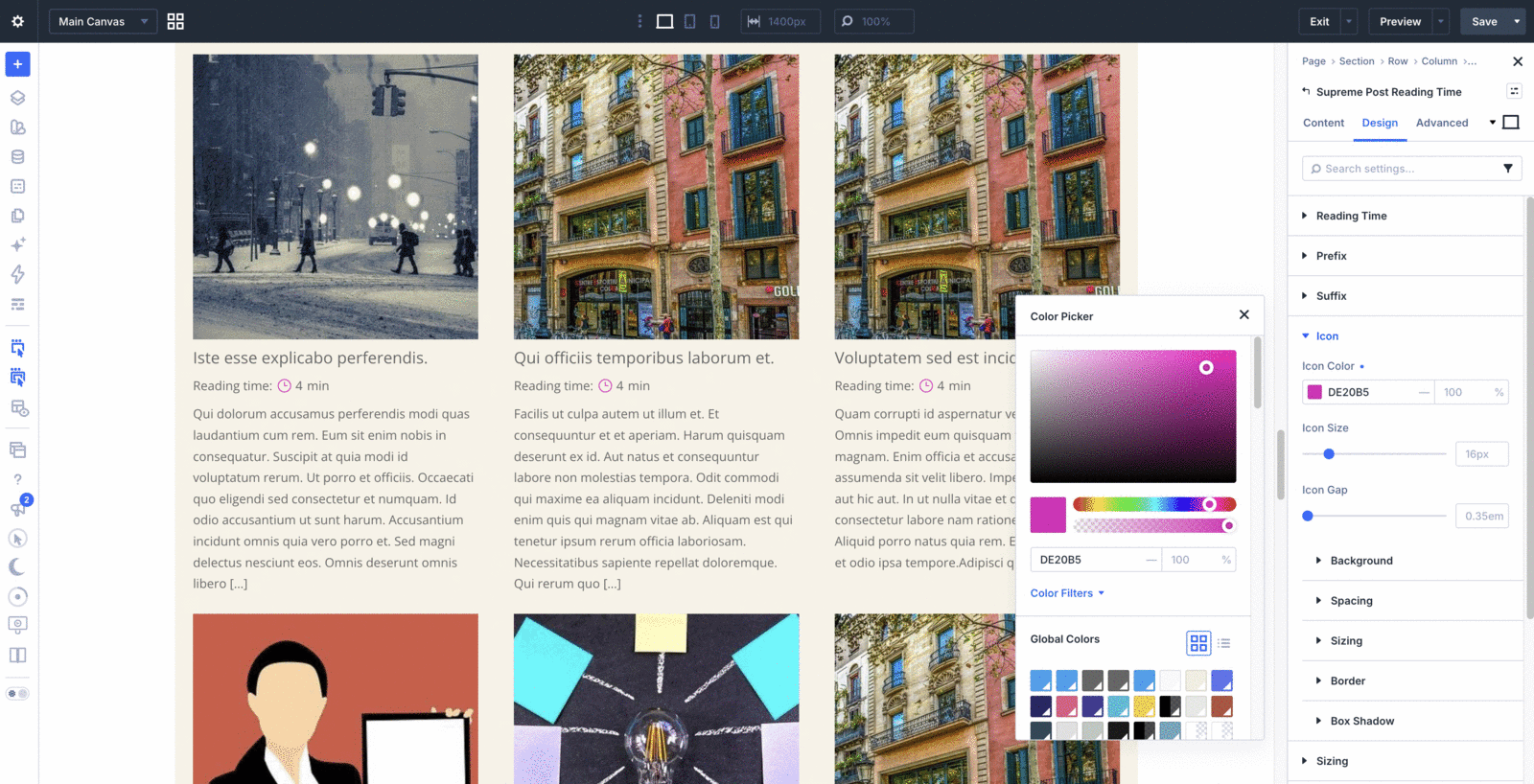 Supreme Post Reading Time Design tab with the Icon colour picker open and the reading time icon restyled in magenta