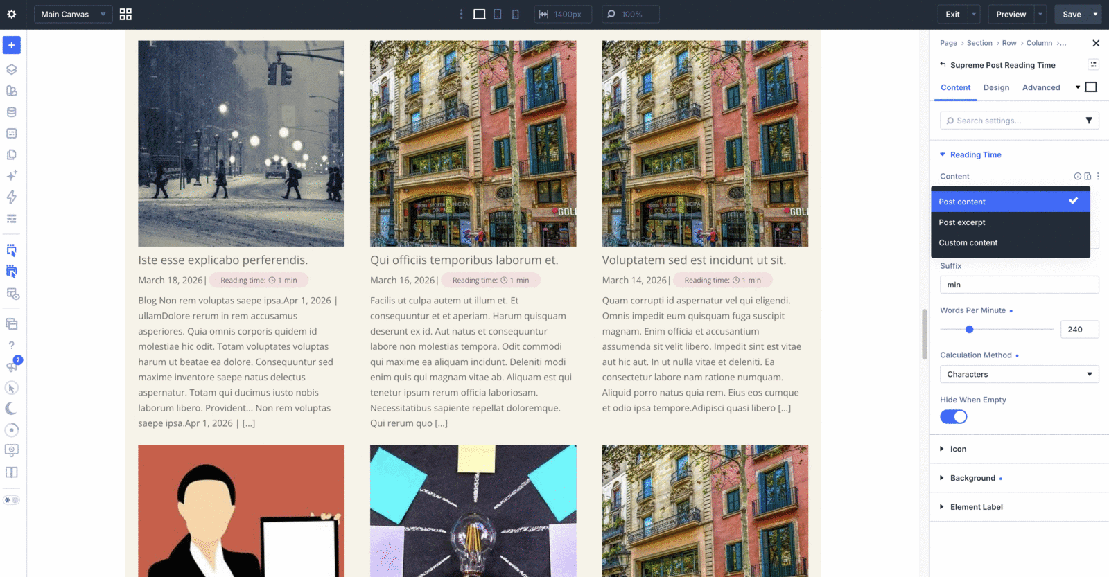 Divi 5 Visual Builder canvas with the Supreme Post Reading Time module showing the reading time in a post byline