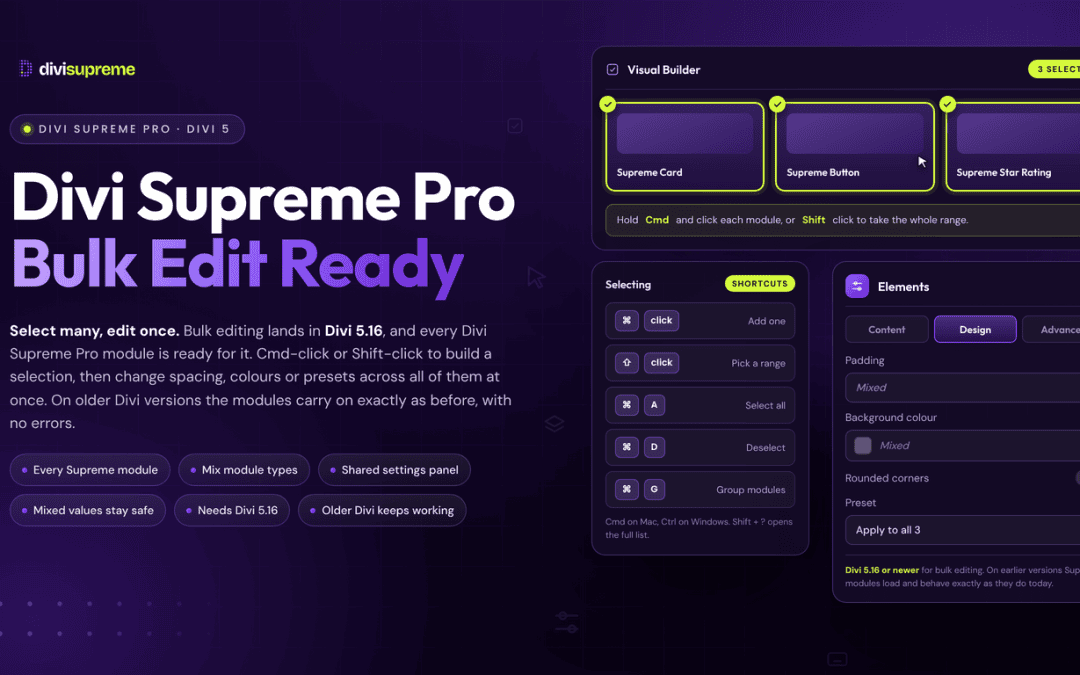 Divi 5 multi-select with Bulk Edit applied across several Divi Supreme modules