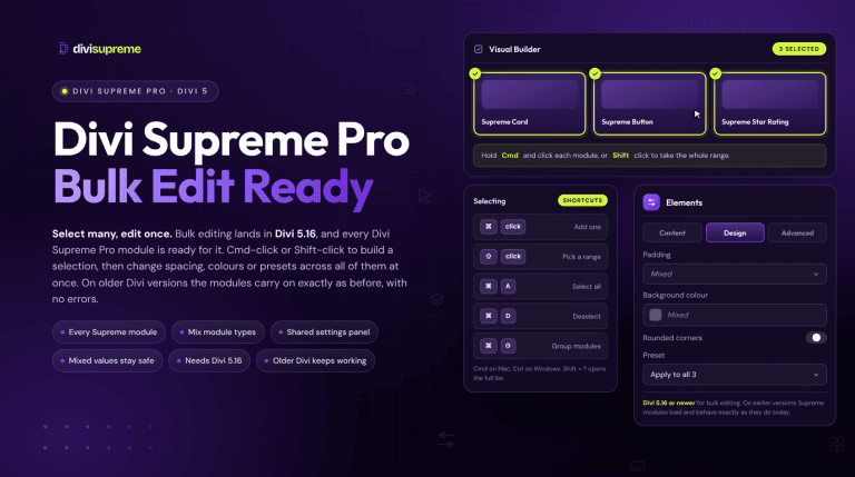 Divi 5 multi-select with Bulk Edit applied across several Divi Supreme modules