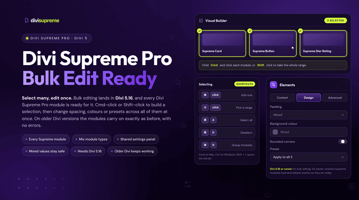 Divi 5 multi-select with Bulk Edit applied across several Divi Supreme modules