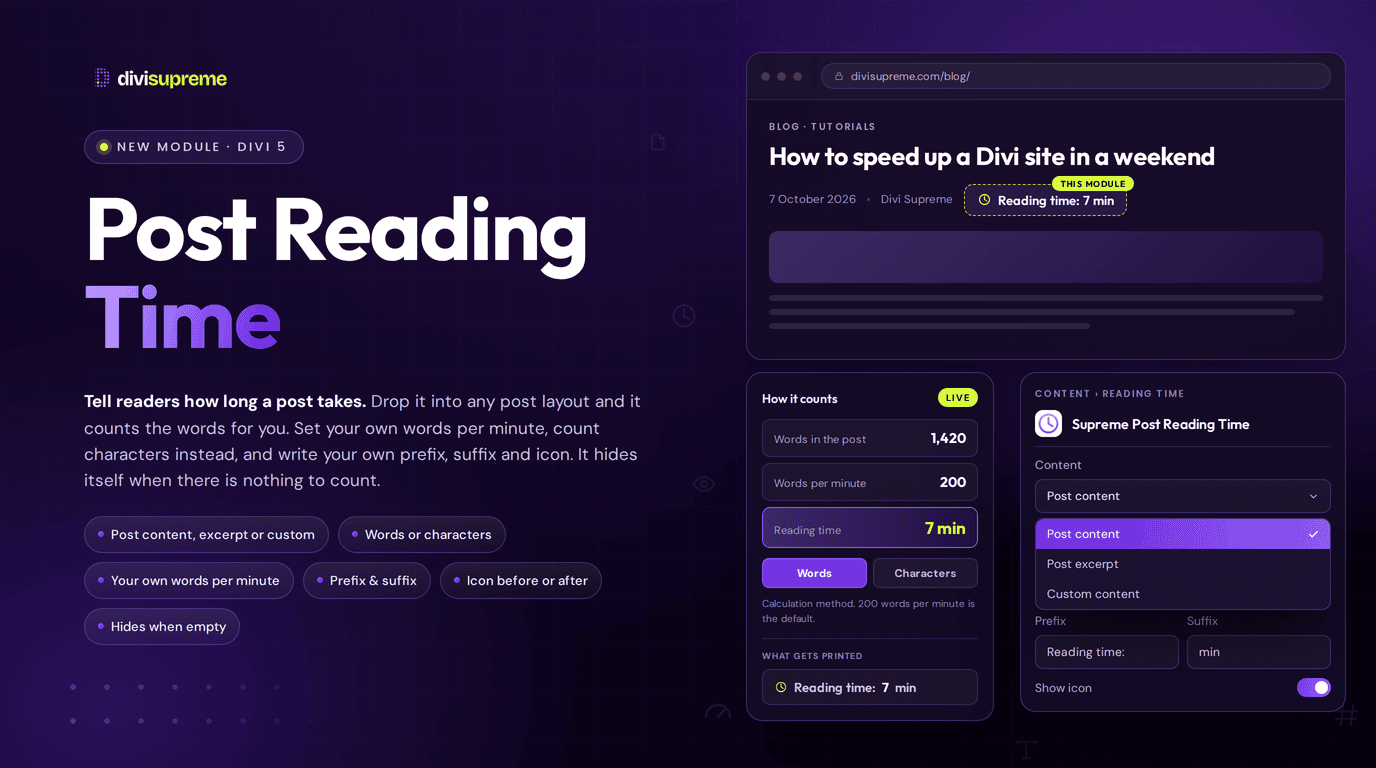 Post Reading Time for Divi Supreme Post Reading Time module for Divi 5 showing a post byline with a 7 minute reading time and its content settings