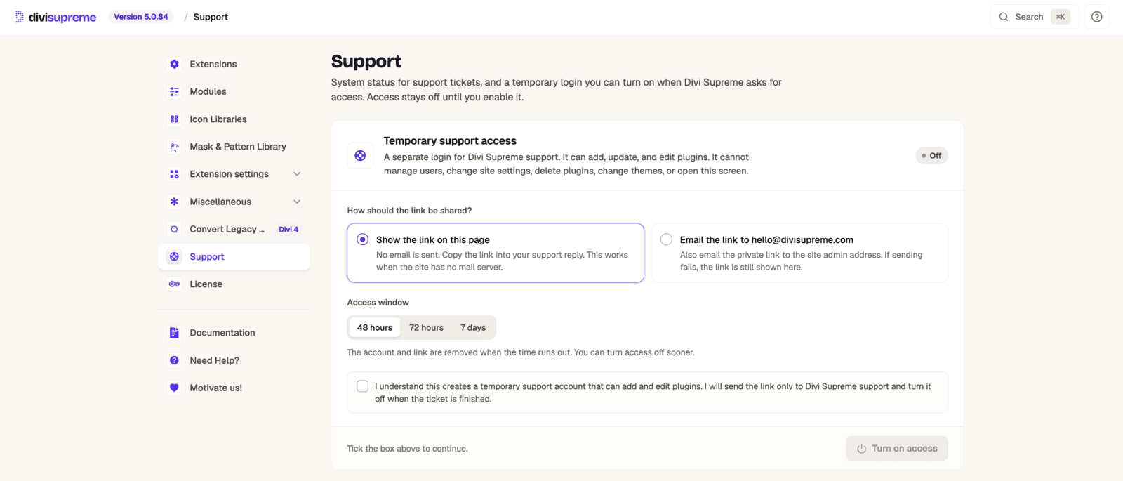 Divi Supreme Support screen showing the link sharing options and the 48 hours, 72 hours and 7 days access window choices