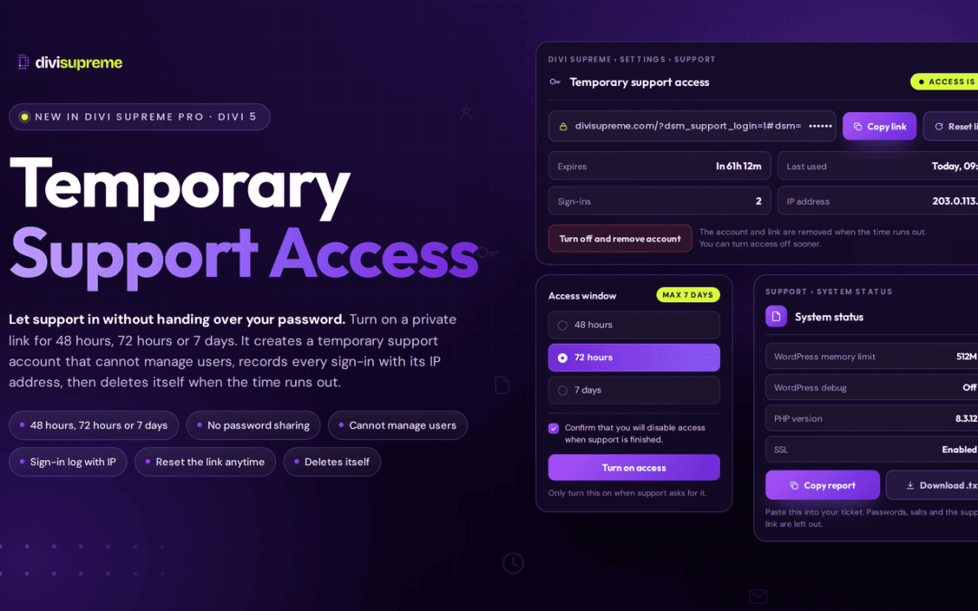 Temporary Support Access panel in Divi Supreme Pro showing a private support link, access window options and system status