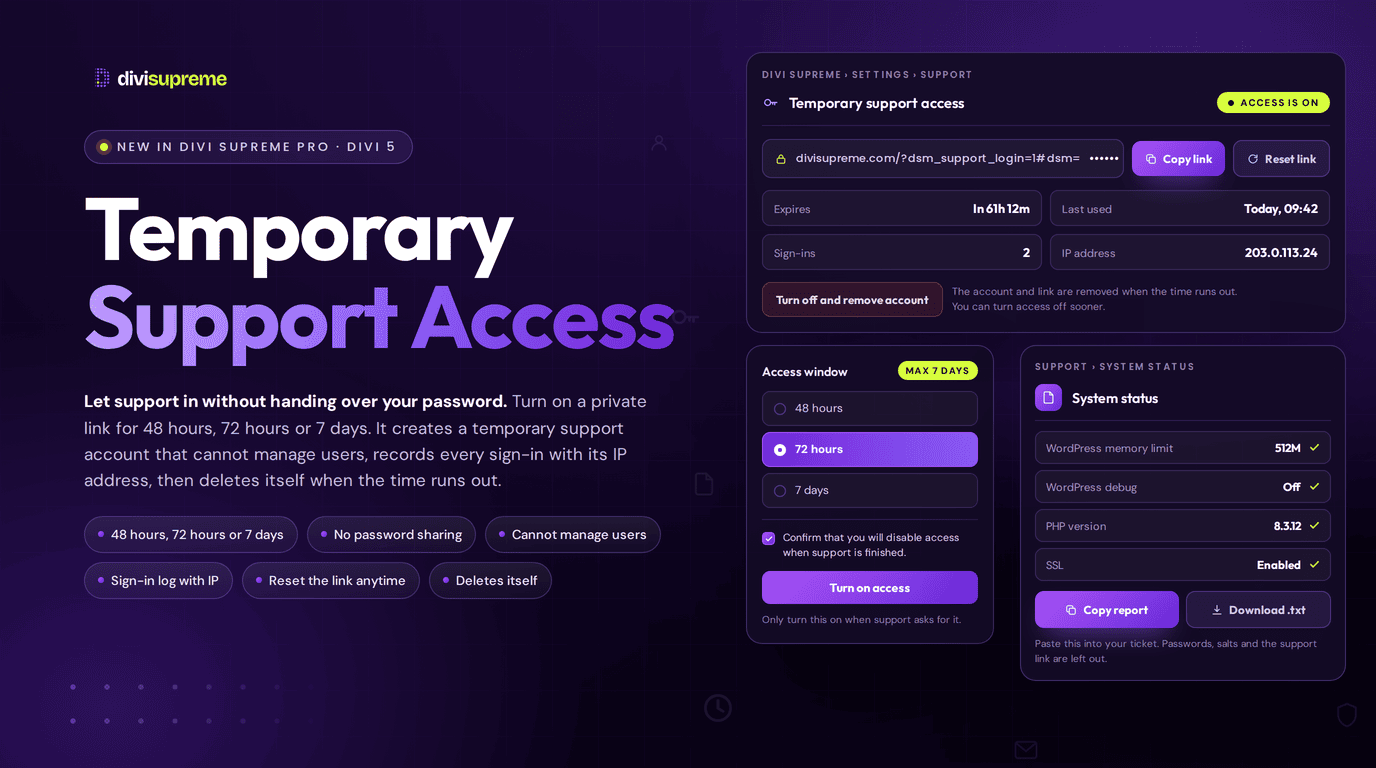 Temporary Support Access panel in Divi Supreme Pro showing a private support link, access window options and system status