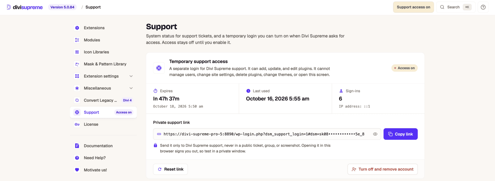 Divi Supreme Support screen showing Temporary support access turned on, with the expiry time, last used time, sign-in count and a private support link with a Copy link button