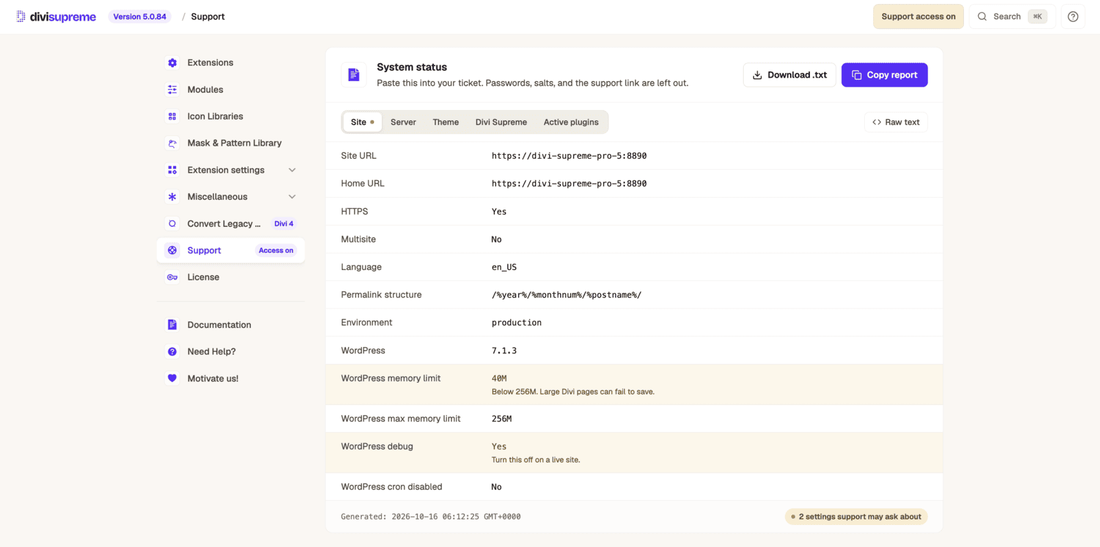 System status report in Divi Supreme showing site, server, theme and plugin details with Copy report and Download txt buttons